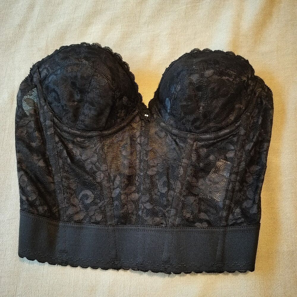 Vintage Black Lace Short Corset Bustier 34B Longline Bra Elastic Band USA